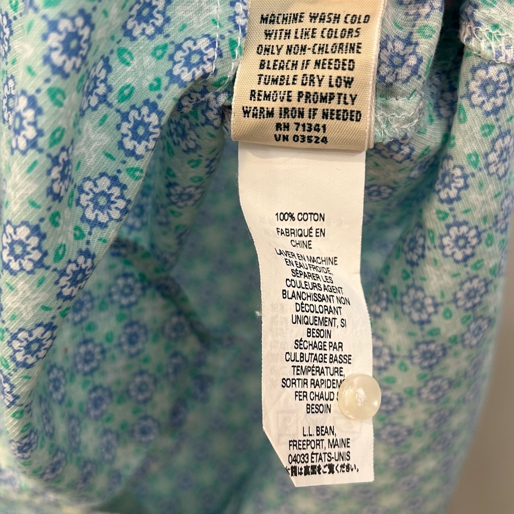 L.L. Bean Cotton Floral Button Down Short Sleeve Shirt White Blue Green Size L - Picture 5 of 8